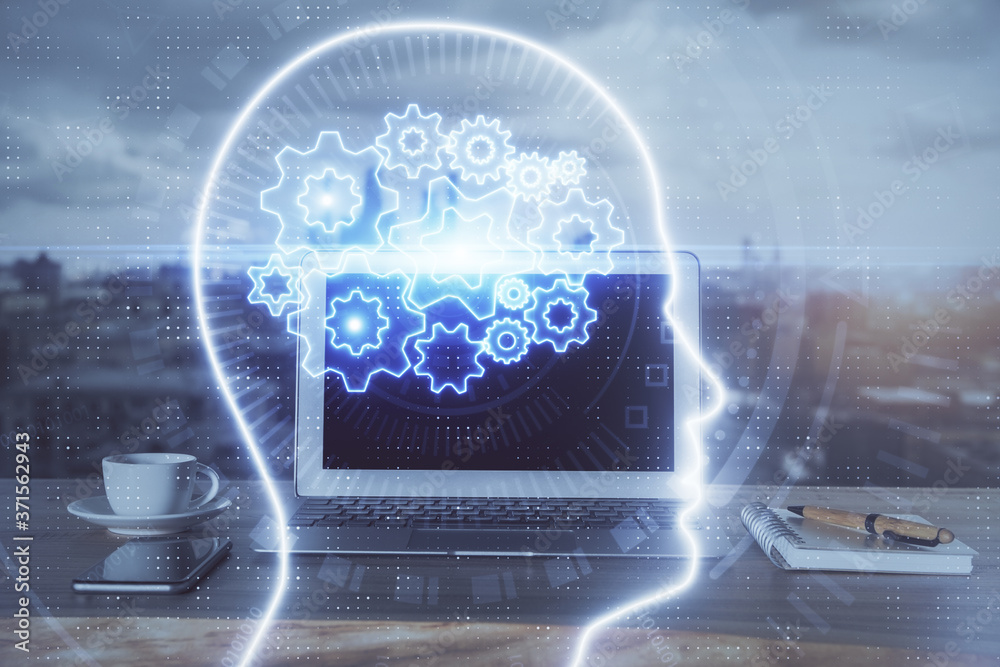 Multi exposure of work space with computer and human brain hologram. Brainstorm concept. Multi exposure of work space with computer and human brain hologram. Brainstorm concept.