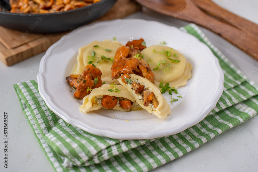 home made Italian ravioli with fresh roasted chanterelles