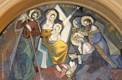BARCELONA, SPAIN - MARCH 5, 2020: The modern fresco Tree Magi scene in church...
