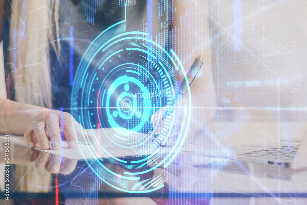 Double exposure of woman's writing hand on background with data technology hud. Big data concept. Double exposure of woman's writing hand on background with data technology hud. Big data concept.