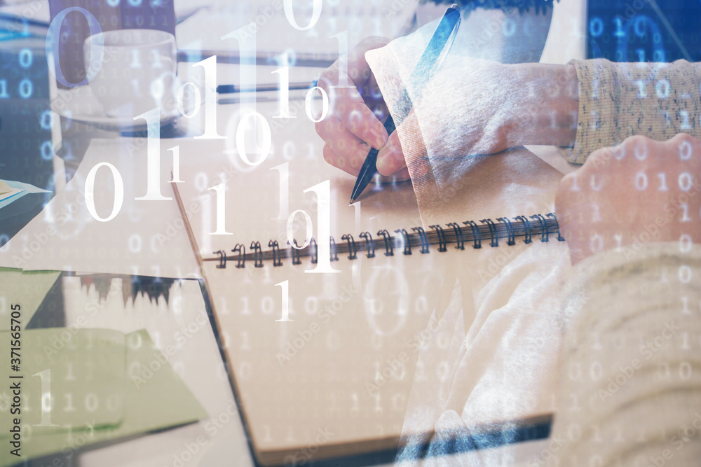 Double exposure of writing hand on background with data solution technology hologram. Ai concept. Double exposure of writing hand on background with data solution technology hologram. Ai concept.