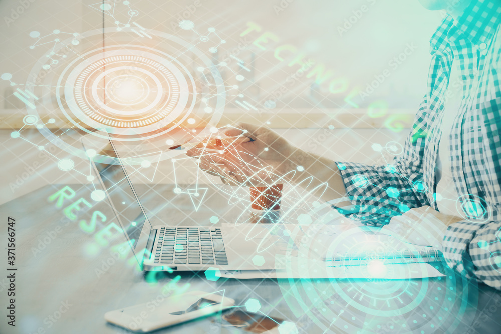 Businessman working on Laptop with technology theme drawing. Concept of big data. Double exposure. Businessman working on Laptop with technology theme drawing. Concept of big data. Double exposure.