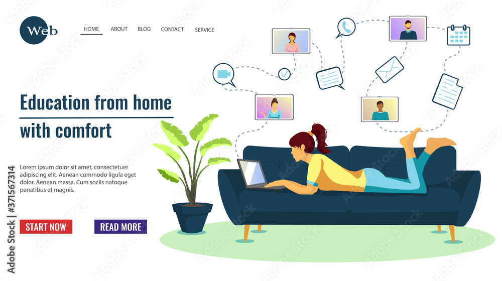 Web page template with woman on the sofa learning online. Online education, video conference, e learning, courses concept. Vector illustration for website development, banner and poster. Web page template with woman on the sofa learning online. Online education, video conference, e learning, courses concept. Vector illustration for website development, banner and poster.