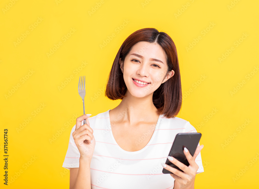 happy young woman searching for restaurant by smart mobile phone concepts happy young woman searching for restaurant by smart mobile phone concepts