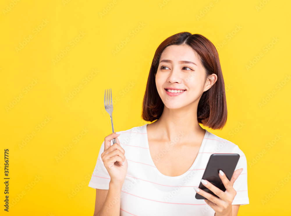 happy young woman searching for restaurant by smart mobile phone concepts happy young woman searching for restaurant by smart mobile phone concepts