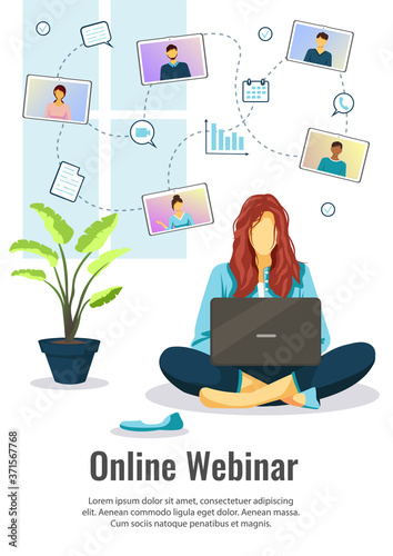 Flyer design with woman sitting with laptop. Online webinar, distance working and learning, video conferencing, communication concept.  A4 vector illustration for flyer, banner and poster.