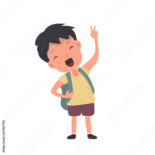 Teenager with a backpack waves his hand. Satisfied schoolboy. Suitable for back-to-school or vacation designs. Isolated. Vector.