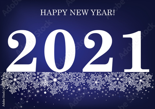 Happy New Year 2021. Christmas banner on blue background with snowflakes ornament. Vector Illustration
