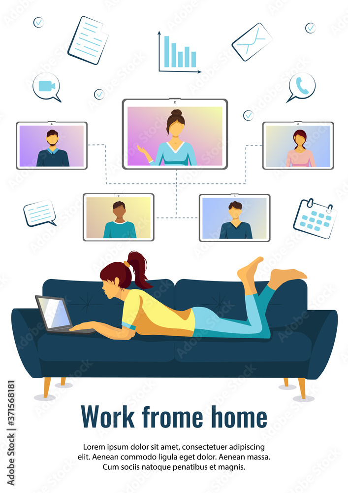 Flyer design with woman on the sofa. Distance working and learning, online meeting, video conferencing, communication concept. A4 vector illustration for flyer, banner and poster. Flyer design with woman on the sofa. Distance working and learning, online meeting, video conferencing, communication concept. A4 vector illustration for flyer, banner and poster.