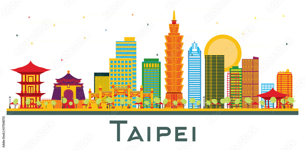Obraz premium Taipei Taiwan City Skyline with Color Buildings Isolated on White.