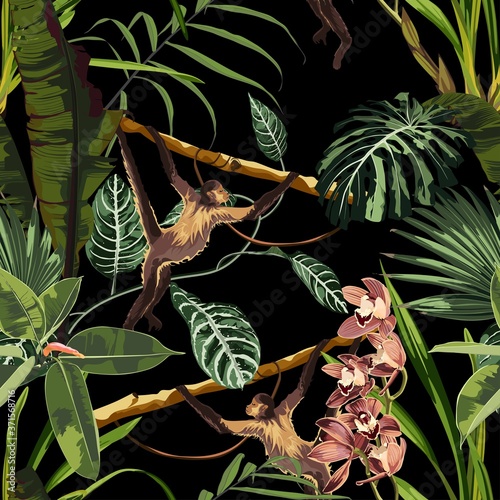 Photography Seamless pattern with monstera, liana, leaves, orchid flowers and monkey animals