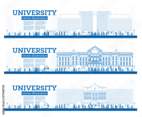 Outline University Campus Set. Study Banners. Vector Illustration. Students Go to the Main Building of University.