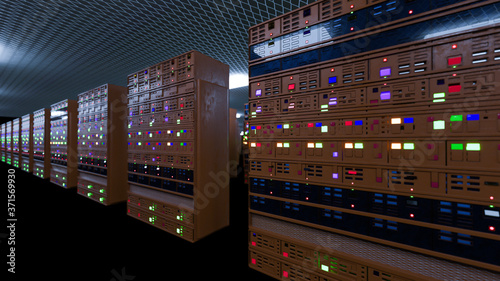 Wallpaper Mural Server room data center. Backup, mining, hosting, mainframe, farm and computer rack with storage information. 3d render Torontodigital.ca