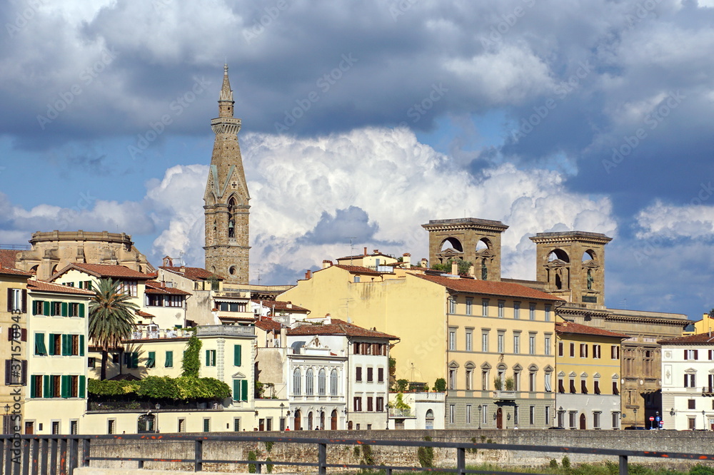 City view with Basilica Sante Croce tower photo from Ponte alle Grazie Florence Italy