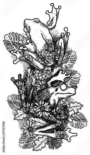 Tattoo art frogs that blend in with leaves hand drawing and sketch black and white