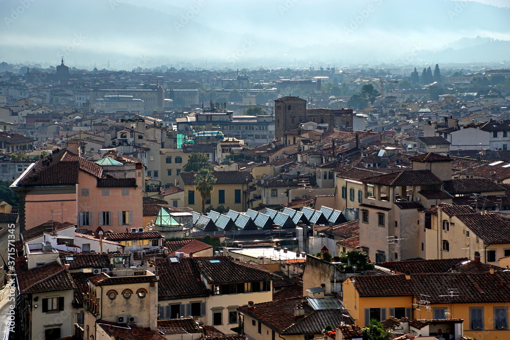 Amazing view of Florence city from Campanile di Giotto bell tower in Florence Italy