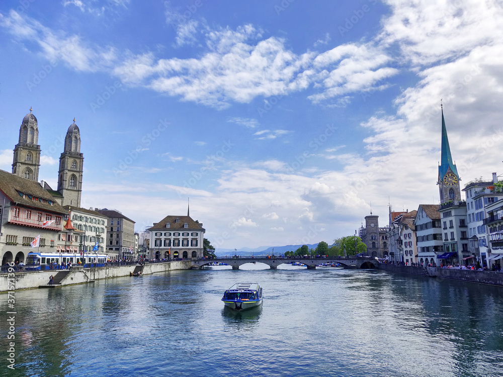 Beautiful view of the historic city center of Zurich from river Limmat, Zurich, Switzerland	