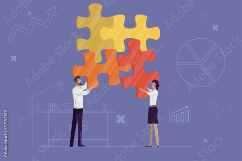 business teamwork concept, a couple taking the jigsaw, brainstorm concept