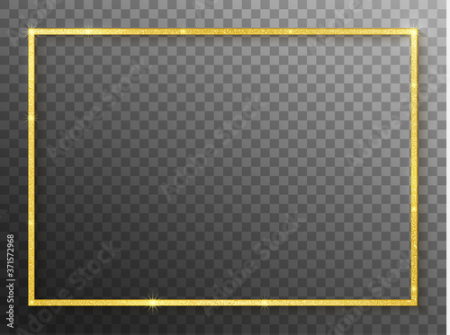 Gold rectangle border. 3D gold frame boarder. Golden vintage border. Shiny glowing realistic rectangle boarder isolated on background. Luxury golden frame. Design rectangular frame with shadow. Vector