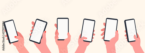 Holding phone in hands. Set of hands with blank smartphone screen. Communication and social media concept, learning, apps on touch screen device.