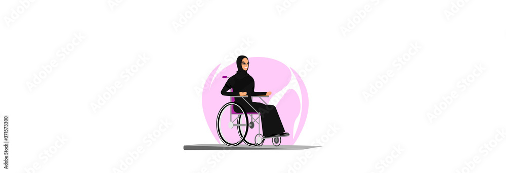 Naklejka premium Arab woman in a wheelchair on a light background.