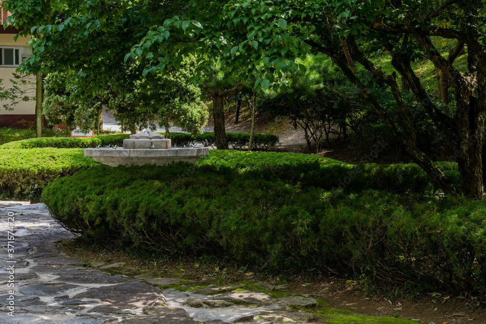 Concrete drinking fountain nestled under shade trees Concrete drinking fountain nestled under shade trees