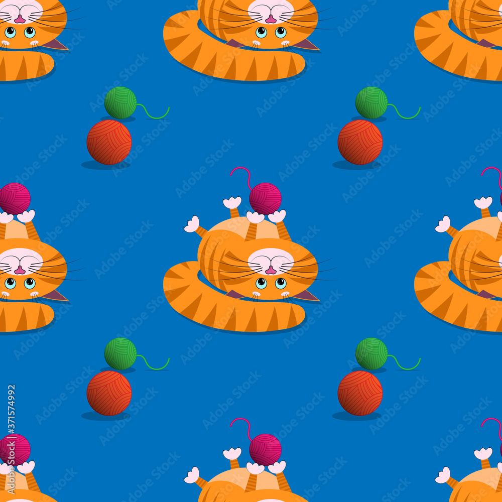 A cute cartoon red fat cat plays a ball of thread. Seamless ornament, texture, pattern, background and template. Vector square