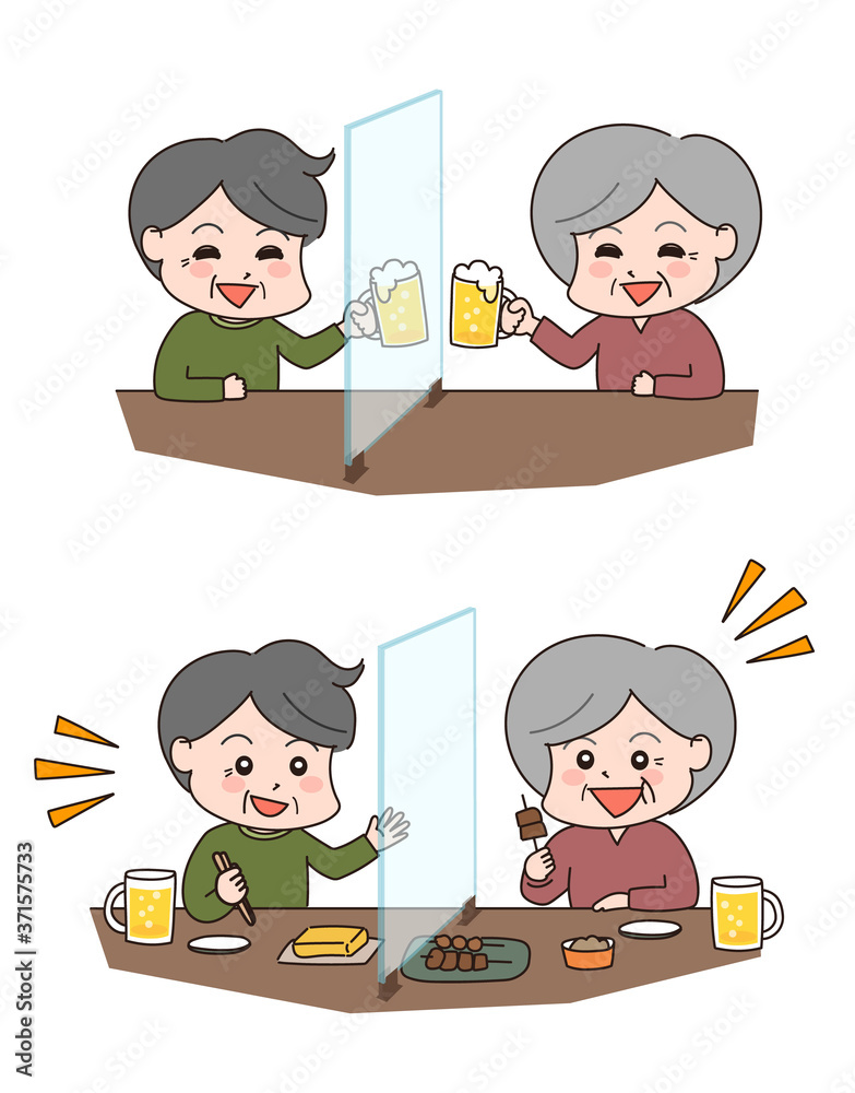 Talking elderly people through a clear partition at a restaurant. Vector illustration isolated on white background. Talking elderly people through a clear partition at a restaurant. Vector illustration isolated on white background.