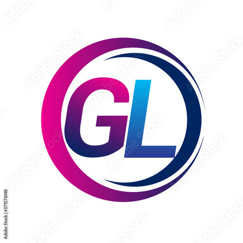 initial letter logo GL company name blue and magenta color on circle and swoosh design. vector logotype for business and company identity.