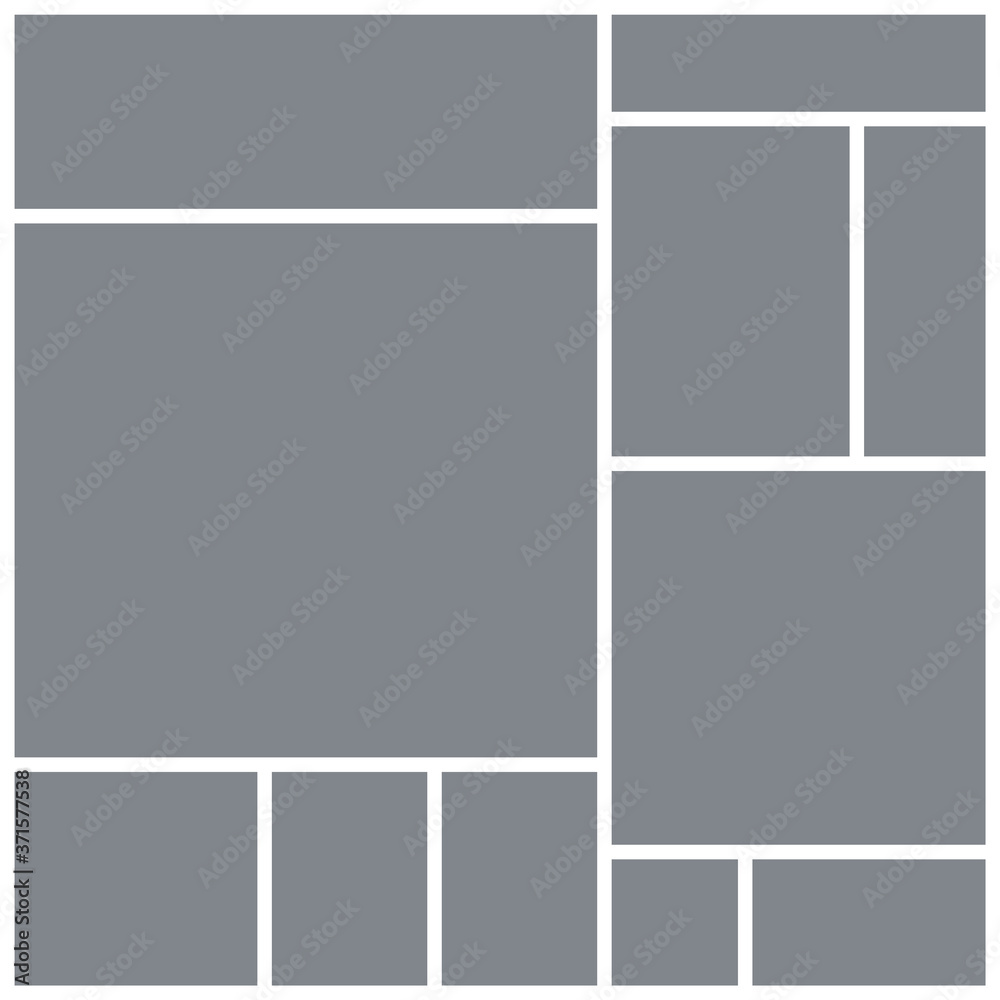 Photo collage grid. Square mood board template. Vector. Moodboard design. Mosaic frame banner. Gray pictures on white background. Photography album layout. Branding presentation. Simple illustration