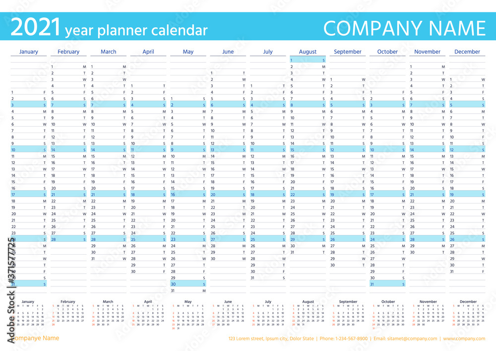 Vecteur Stock 2021 year planner calendar. Vector. Wall calender template.  Week starts Sunday. Annual organizer. Schedule page. Agenda diary with 12  months in English. Business illustration in minimal design. | Adobe Stock