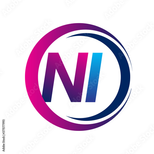 initial letter logo NI company name blue and magenta color on circle and swoosh design. vector logotype for business and company identity.