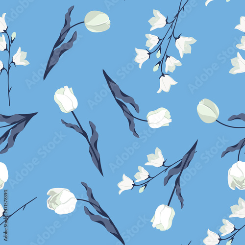 Seamless vector illustration with white tulips and campanula
