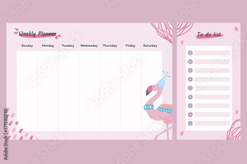 pink weekly planner template with cute flamingo and abstract elements hand drawn, to do list template