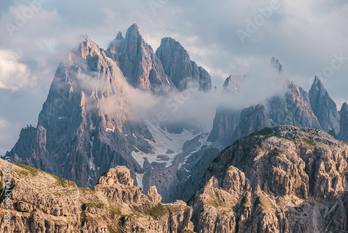 Jagged peaks of cadini di misurina mountain group in Dolomites, Italy, part of Tre Cime di Levaredo national park and UNESCO world heritage site photo