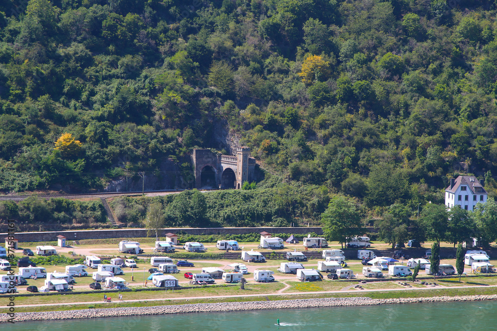 Campsite at the river Rhine with view at Loreley rock (St. Goar, Germany)