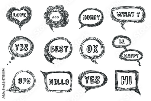 Speech bubbles sketch Comic speech bubbles set. Vector illustration of chat word bubbles, hand drawn cloud, banner in comic style isolated on background. Abstract concept graphic element of chat text