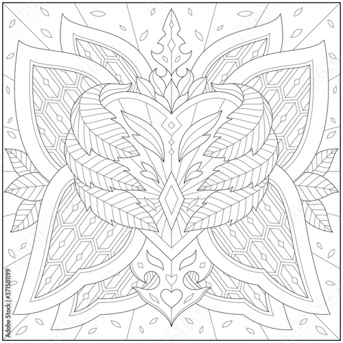 Fantasy butterfly heart, Adult and kid coloring page in stylish vector illustration for education and learning