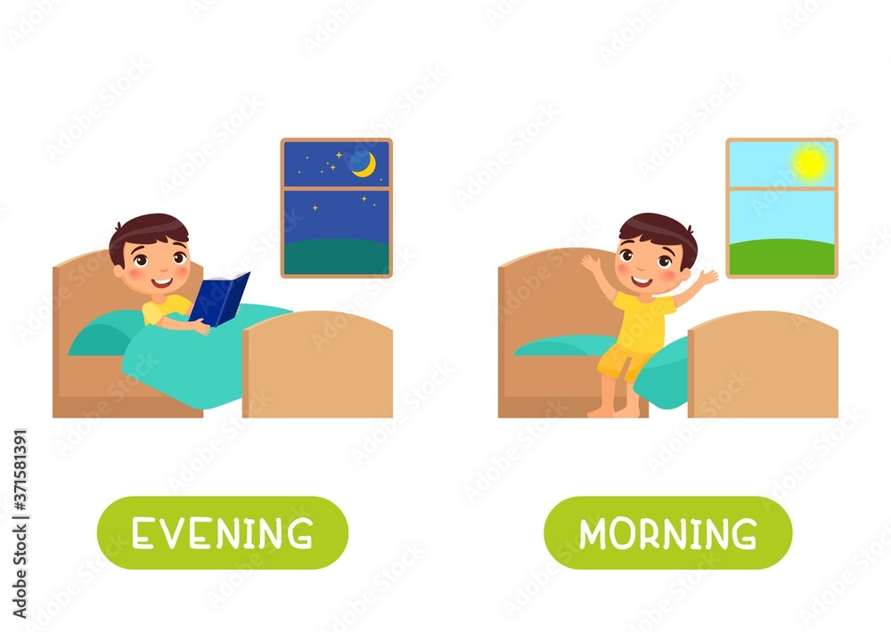 Evening and morning antonyms word card vector template. Opposites concept. Flashcard for english language learning. Little boy reads a book before sleep, child sits on the bed and rejoices 