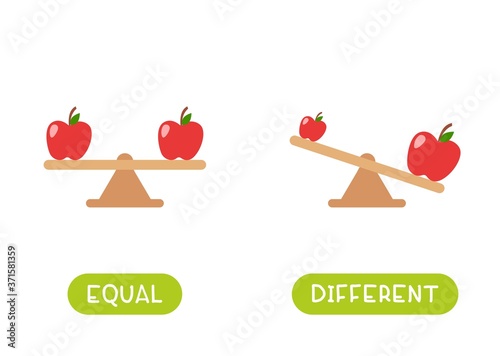 Equal and different word card vector template. Opposites concept. Flashcard for english language learning. Two identical apples on the scales, different apples..