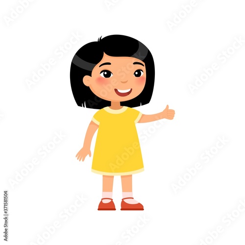 Little asian girl showing thumbs up gesture color flat vector illustration. Happy cute kid in yellow dress and dark hair. Smiling toddler, preteen child cartoon character isolated on white backgroun