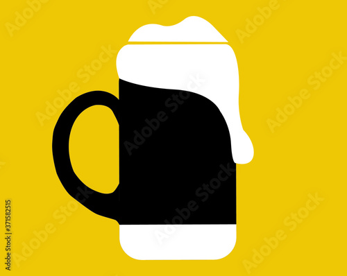mug of beer with foam , black and white vector illustration on amber background