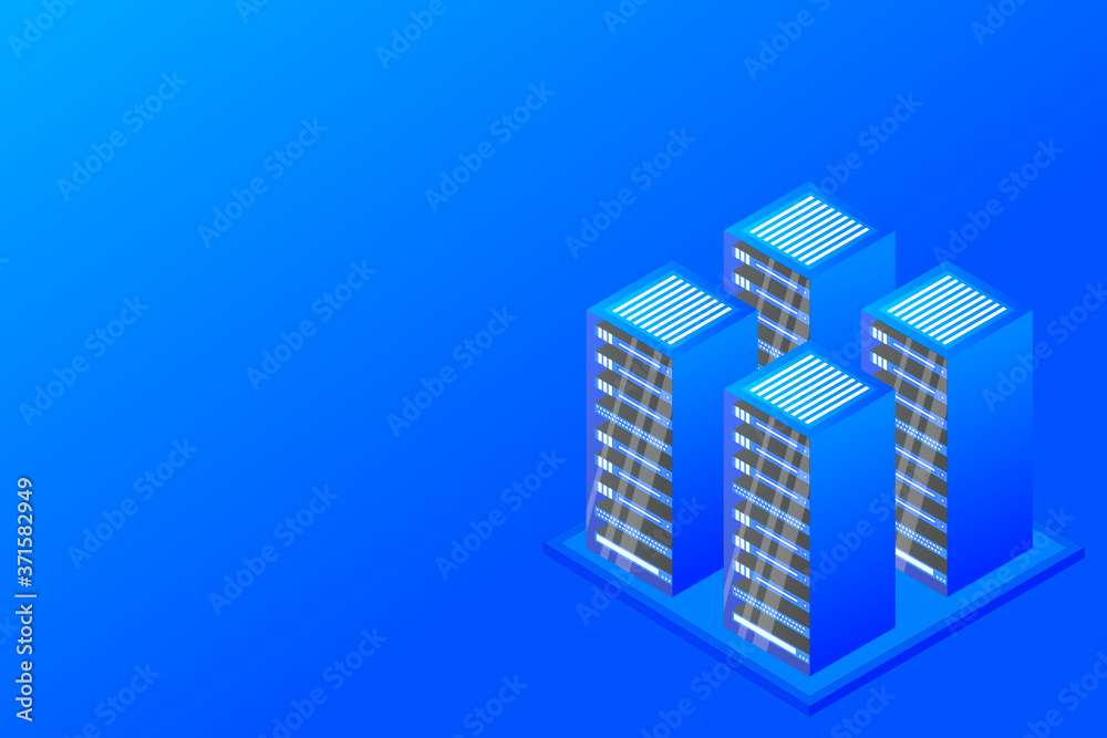 Fototapeta premium Mainframe, powered server, high technology concept, data center, cloud data storage isometric vector illustration ultraviolet background