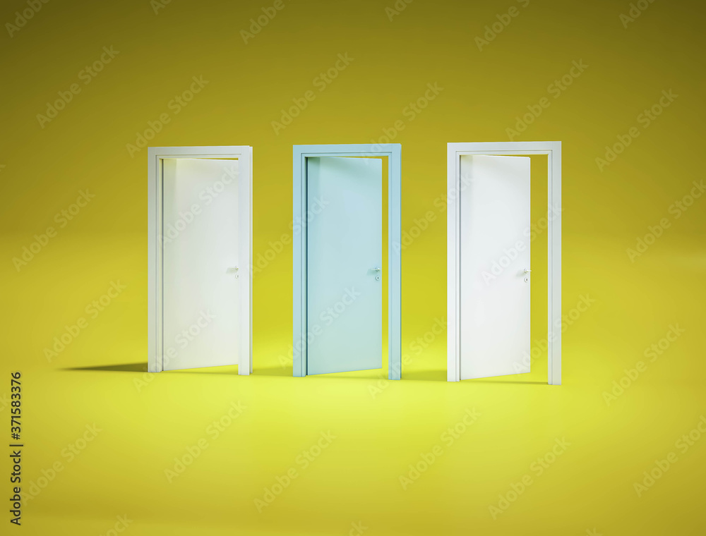 blue door out standing between white door on yellow background.