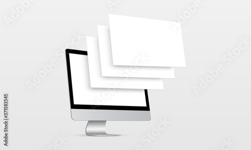 Modern computer monitor mockup with blank wireframing pages. Concept for showcasing web-design projects. Vector illustration