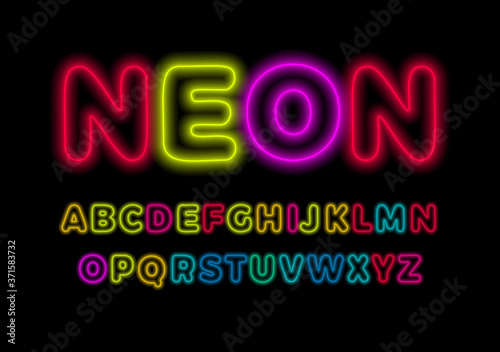 Neon letters set. Glowing colorful font. Luminous tubes style vector latin alphabet. Font for event, promo, logo, banner, monogram and poster. Typeset design