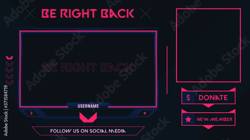 Stream Be Right Back Background Orange and Black theme with Panel and Alerts, Shooter Game Minimalist Geometrical Design, Vector Illustration