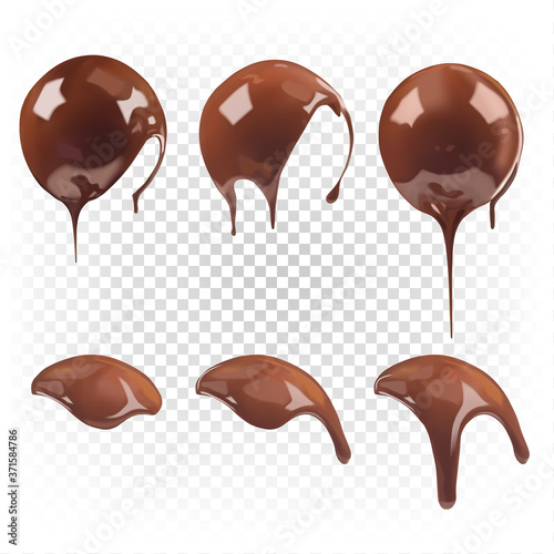 Chocolate sauce, ganache, liquid melted chocolate pouring into a round shape. Vector realistic set.