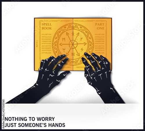 Two hands of a witch on a spell book. Trendy flat style two-color illustrations. Vector template