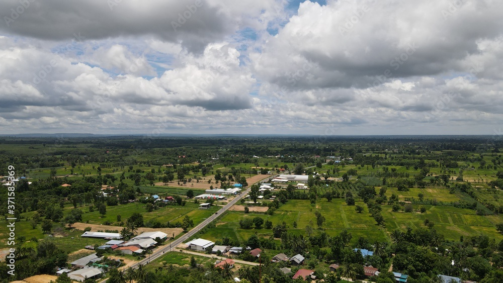 Aerial view of the village photographed with a drone at Phusing Sisaket Thailand.